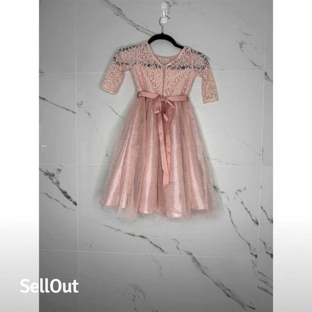 Girls Pink Lace Dress 6/7 Knee Length Party rhinestones flowergirl photoshoot - Picture 4 of 7